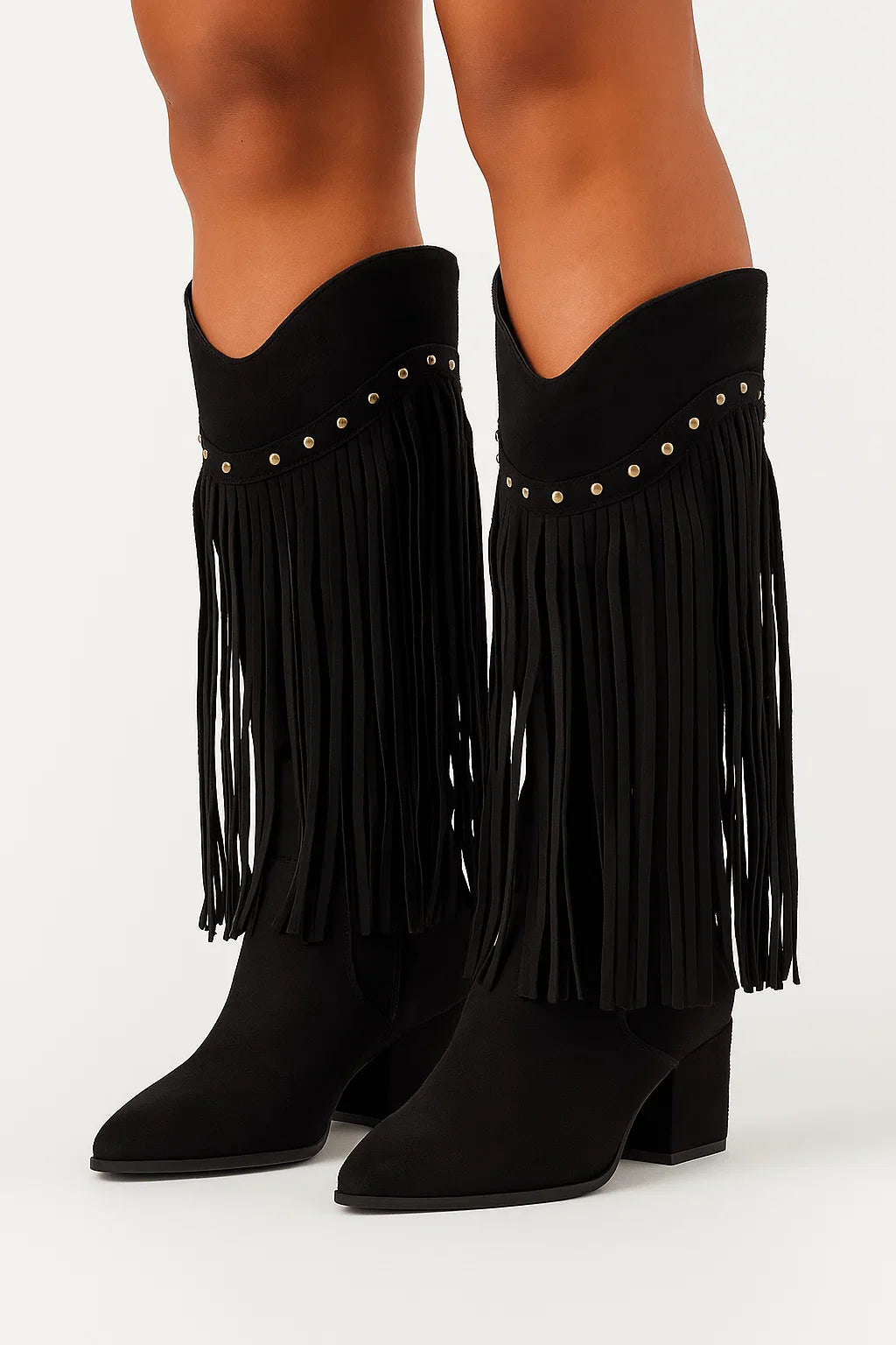 Women's Suede Boots Gray Fringe Block Heel Pointed Toe Elegant Silhouette