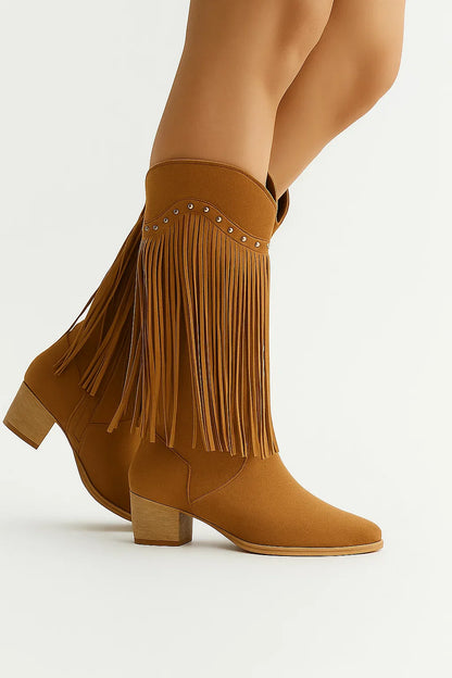 Women's Suede Boots Gray Fringe Block Heel Pointed Toe Elegant Silhouette