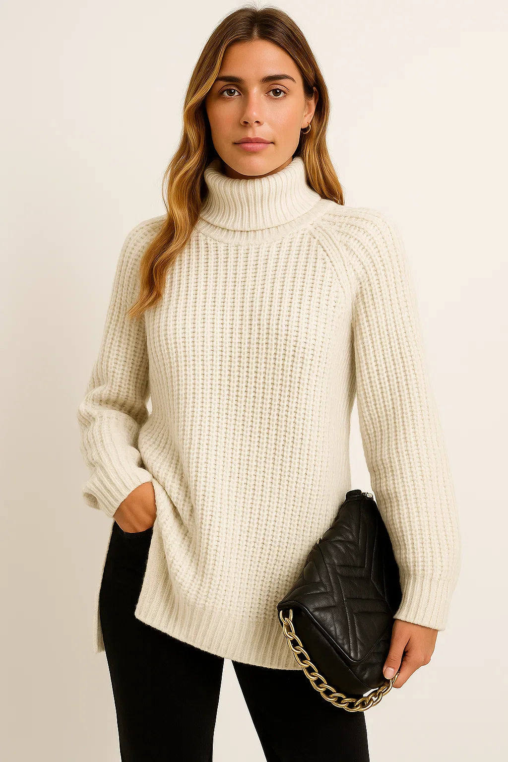 Women's Sweater Cotton-Polyester Roll Neck Relaxed Fit Casual