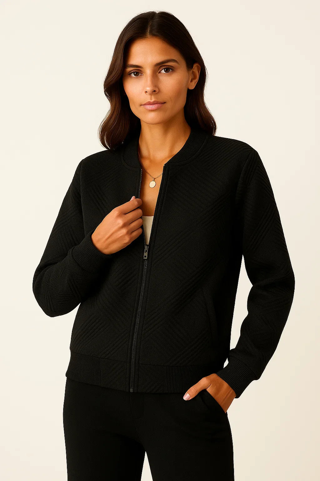 Women's Black Bomber Jacket Lightweight Casual Modern Fit with Ribbed Cuffs