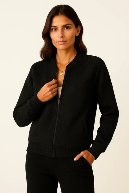 Women's Black Bomber Jacket Lightweight Casual Modern Fit with Ribbed Cuffs