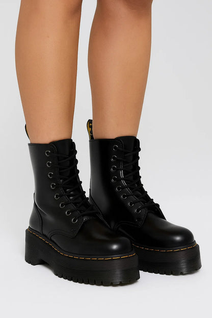 Women's Chunky Combat Boots Black Leather Look High Platform