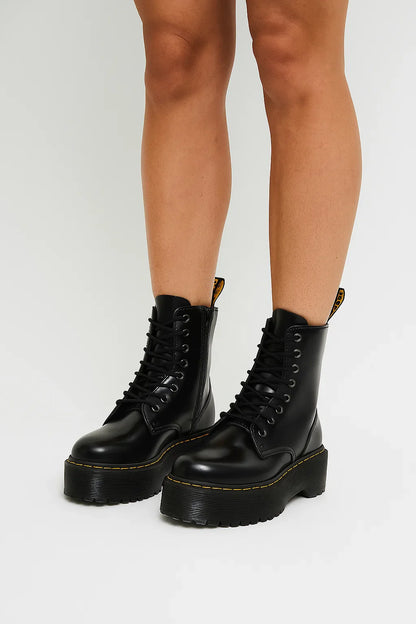 Women's Chunky Combat Boots Black Leather Look High Platform