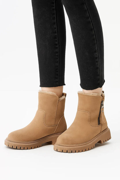 Women's Boots Beige Suede Chunky Sole Zipper Warm Interior Comfort