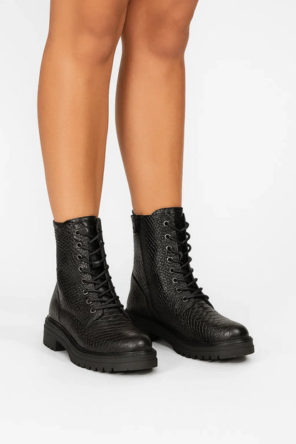 Women's Black Ankle Boots Faux Snake Skin Chunky Heel Lace-Up and Zip Closure