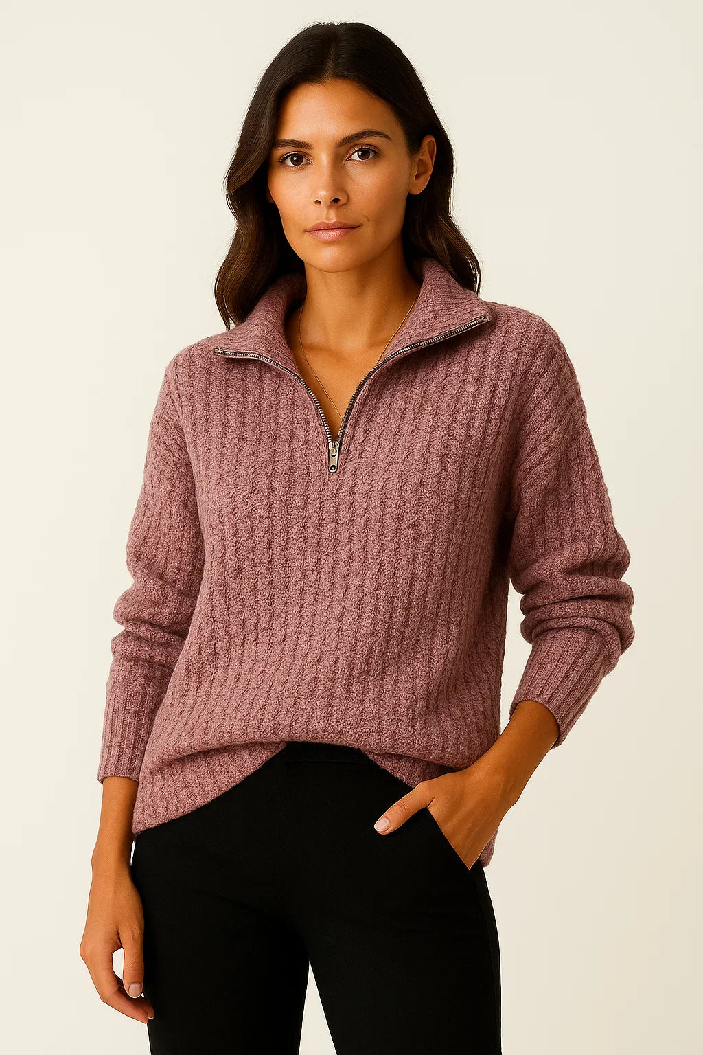 Women's Pullover Grey Soft Material Half-Zipper Casual Fit Long Sleeves