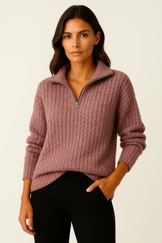 Women's Pullover Grey Soft Material Half-Zipper Casual Fit Long Sleeves