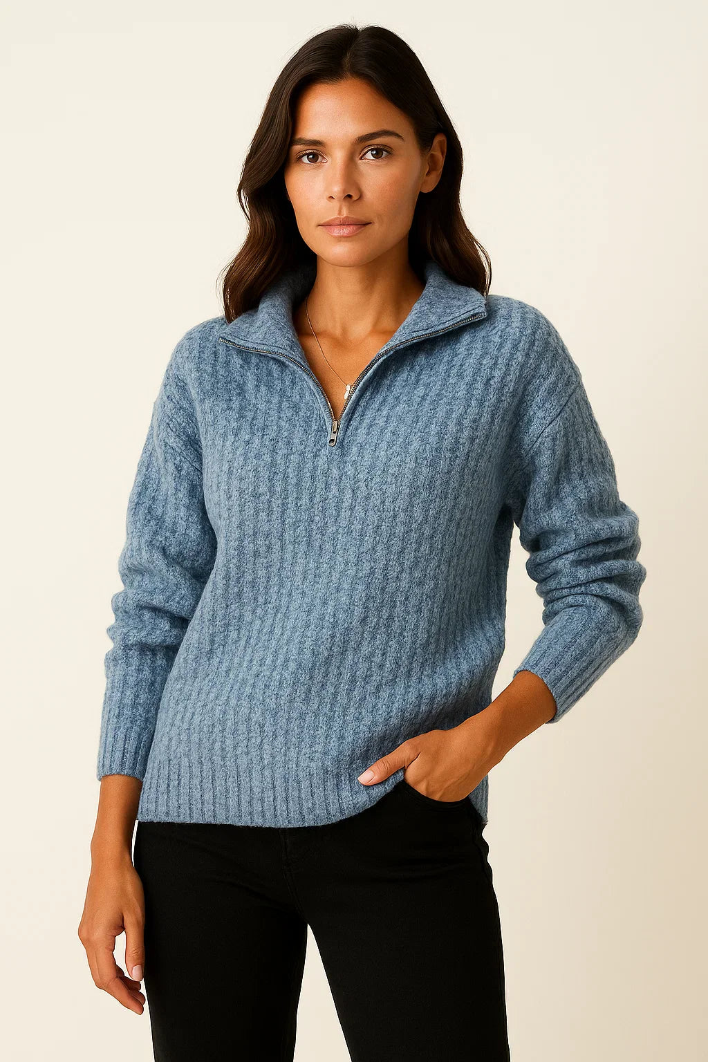 Women's Pullover Grey Soft Material Half-Zipper Casual Fit Long Sleeves