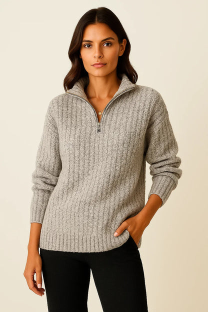 Women's Pullover Grey Soft Material Half-Zipper Casual Fit Long Sleeves