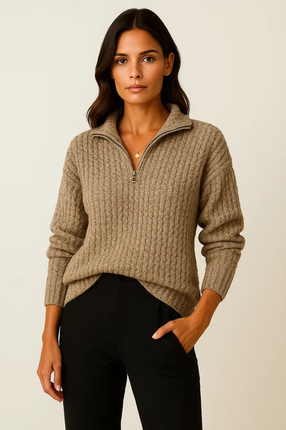 Women's Pullover Grey Soft Material Half-Zipper Casual Fit Long Sleeves