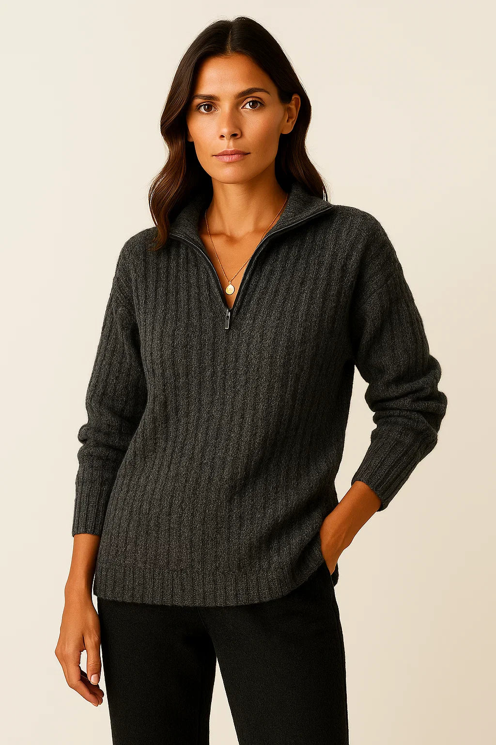 Women's Pullover Grey Soft Material Half-Zipper Casual Fit Long Sleeves