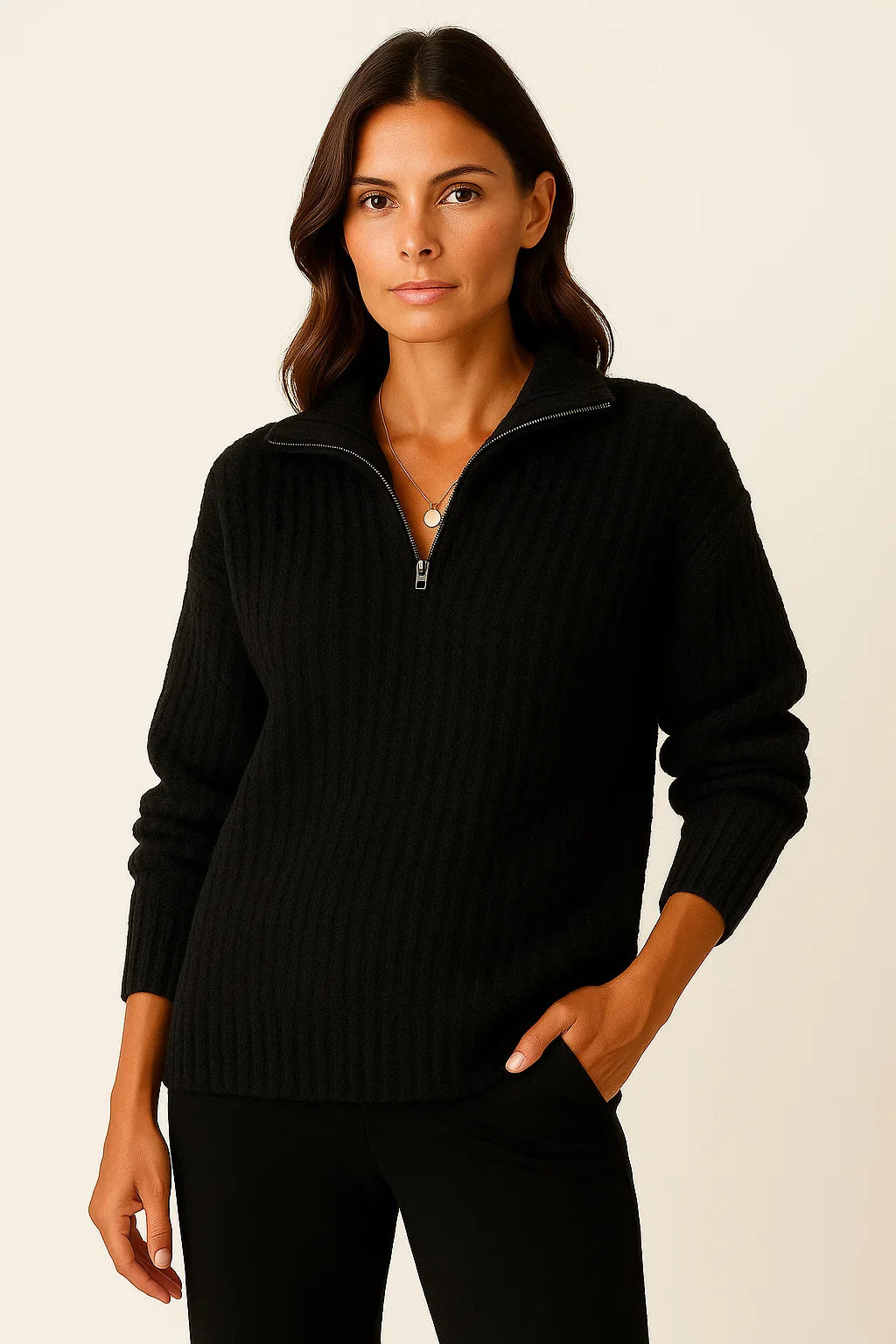Women's Pullover Grey Soft Material Half-Zipper Casual Fit Long Sleeves