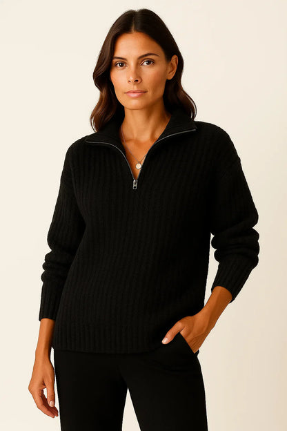 Women's Pullover Grey Soft Material Half-Zipper Casual Fit Long Sleeves