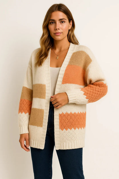 Women's Long Cardigan Striped Cozy Knit Lightweight Fall Layering