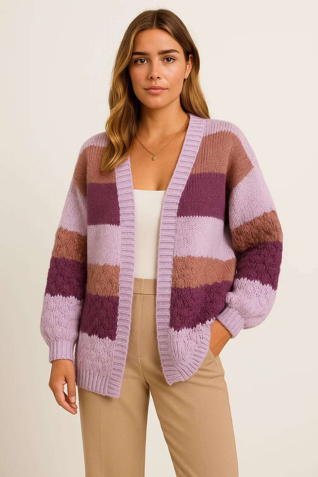 Women's Long Cardigan Striped Cozy Knit Lightweight Fall Layering