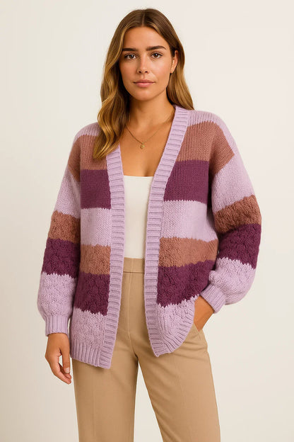 Women's Long Cardigan Striped Cozy Knit Lightweight Fall Layering