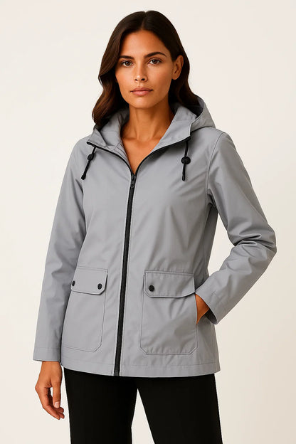 Women's Utility Jacket Gray Adjustable Fit with Hood and Zipper Pockets
