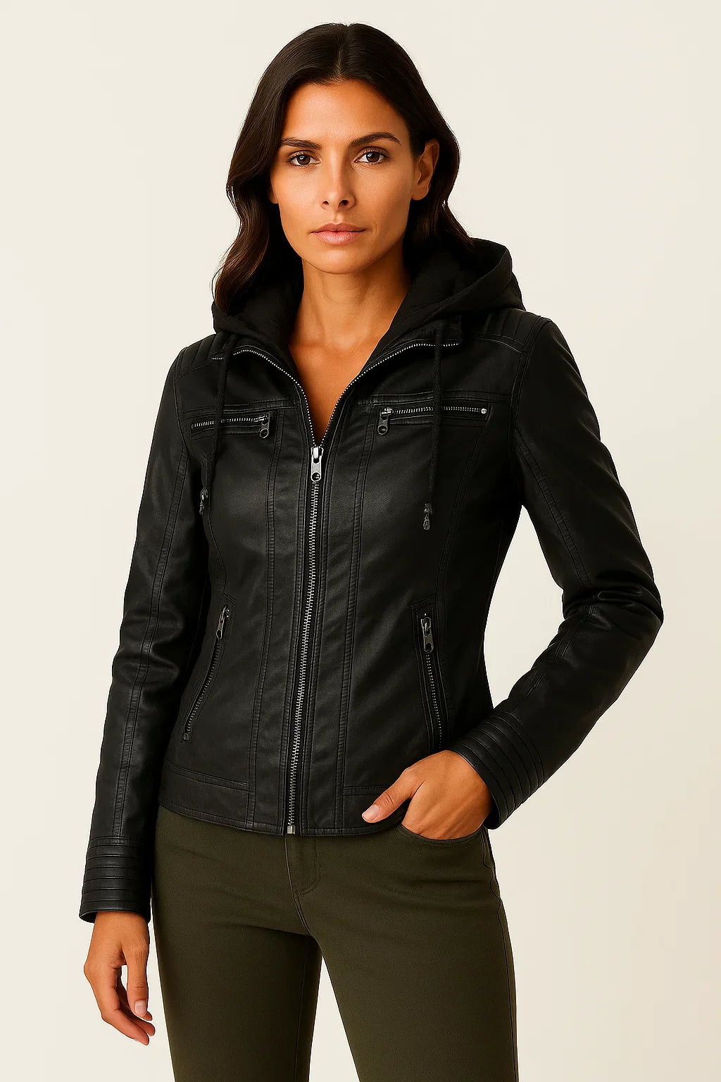 Women's Hoodie Black Soft Zipper Asymmetrical Design Moto Style For Women