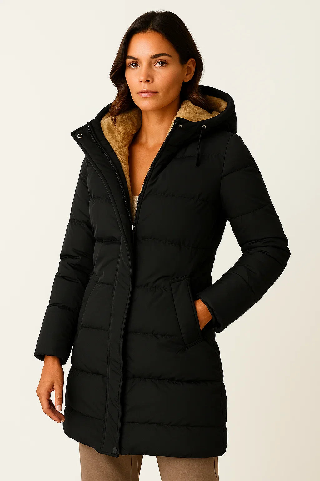 Women's Black Puffer Jacket Insulated Polyester Elegant Design for Fall and Winter