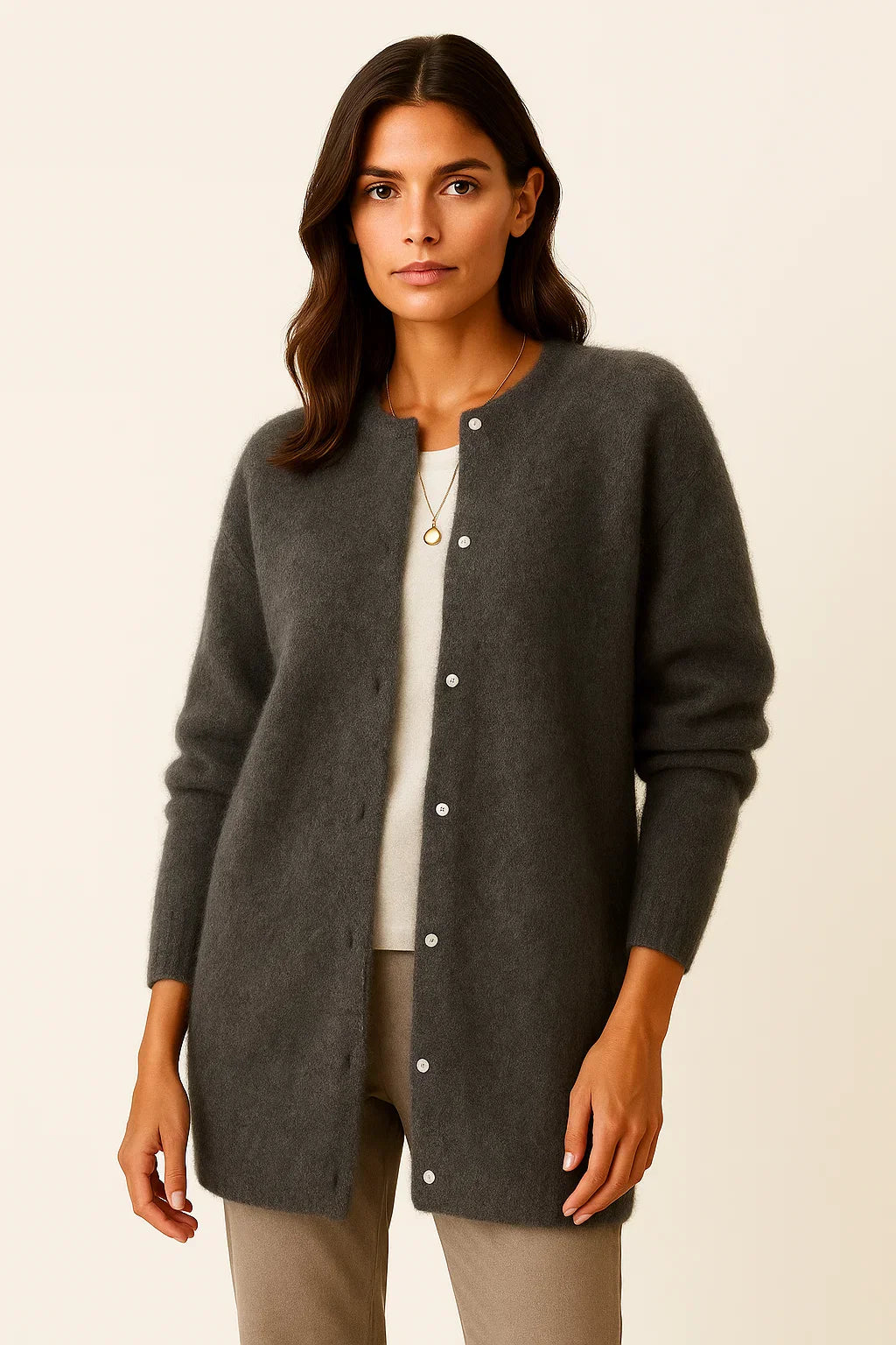 Women's Cardigan Coat Beige Knit Soft Warm Long Elegant With Pockets
