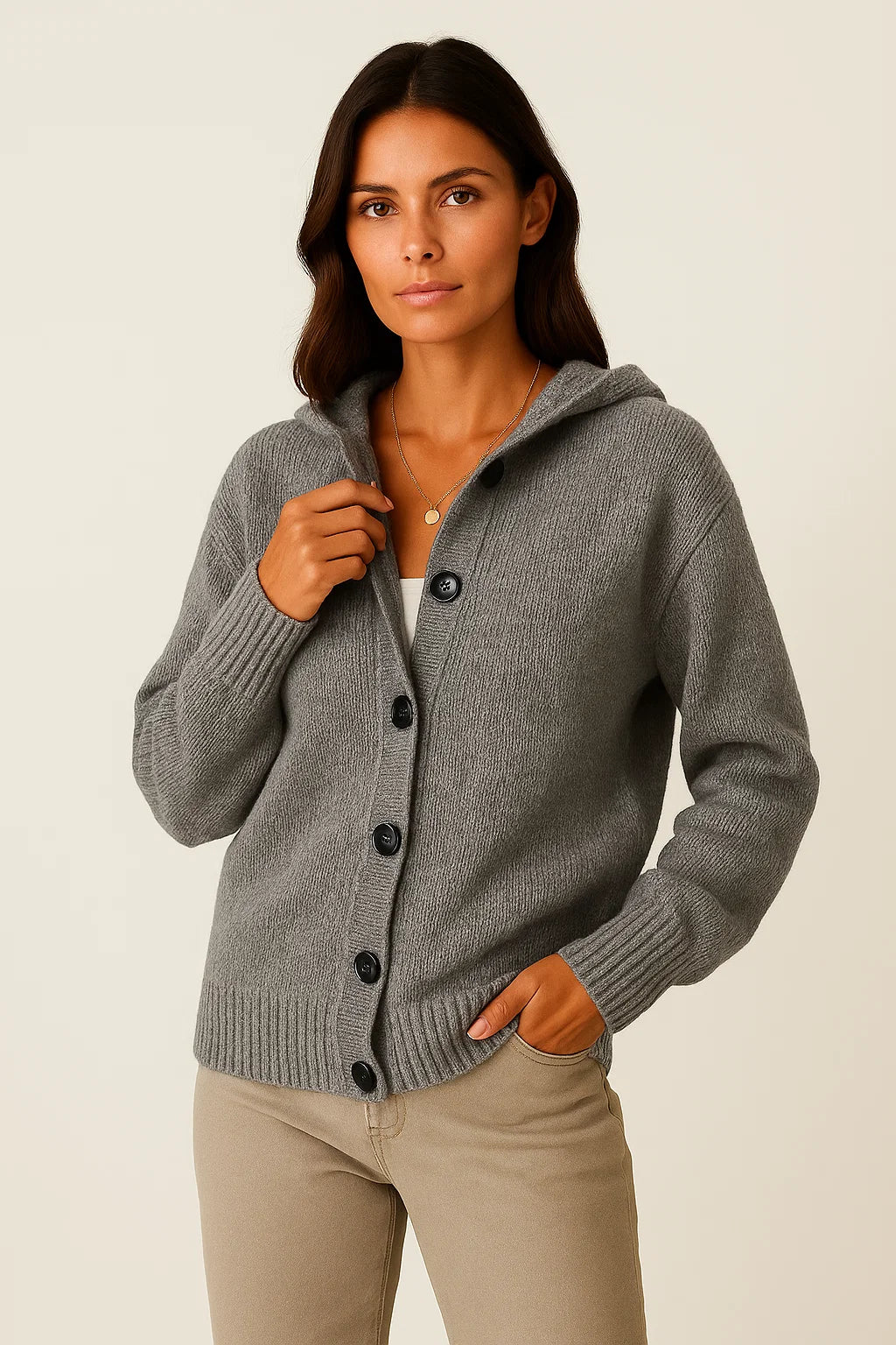 Women's Cardigan Grey Polyester Quilted Modern Design With Pockets