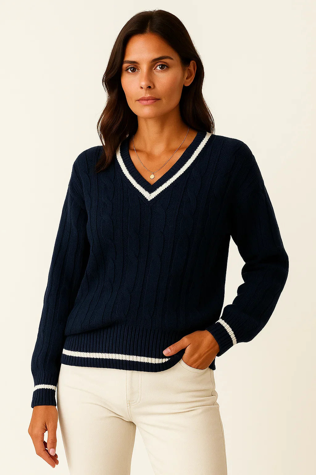 Women's Sweater Cable Knit Striped V-Neck Soft Blend Slim Fit