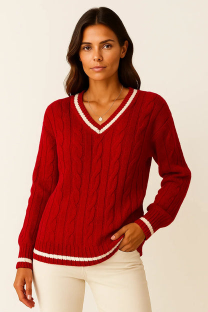 Women's Sweater Cable Knit Striped V-Neck Soft Blend Slim Fit