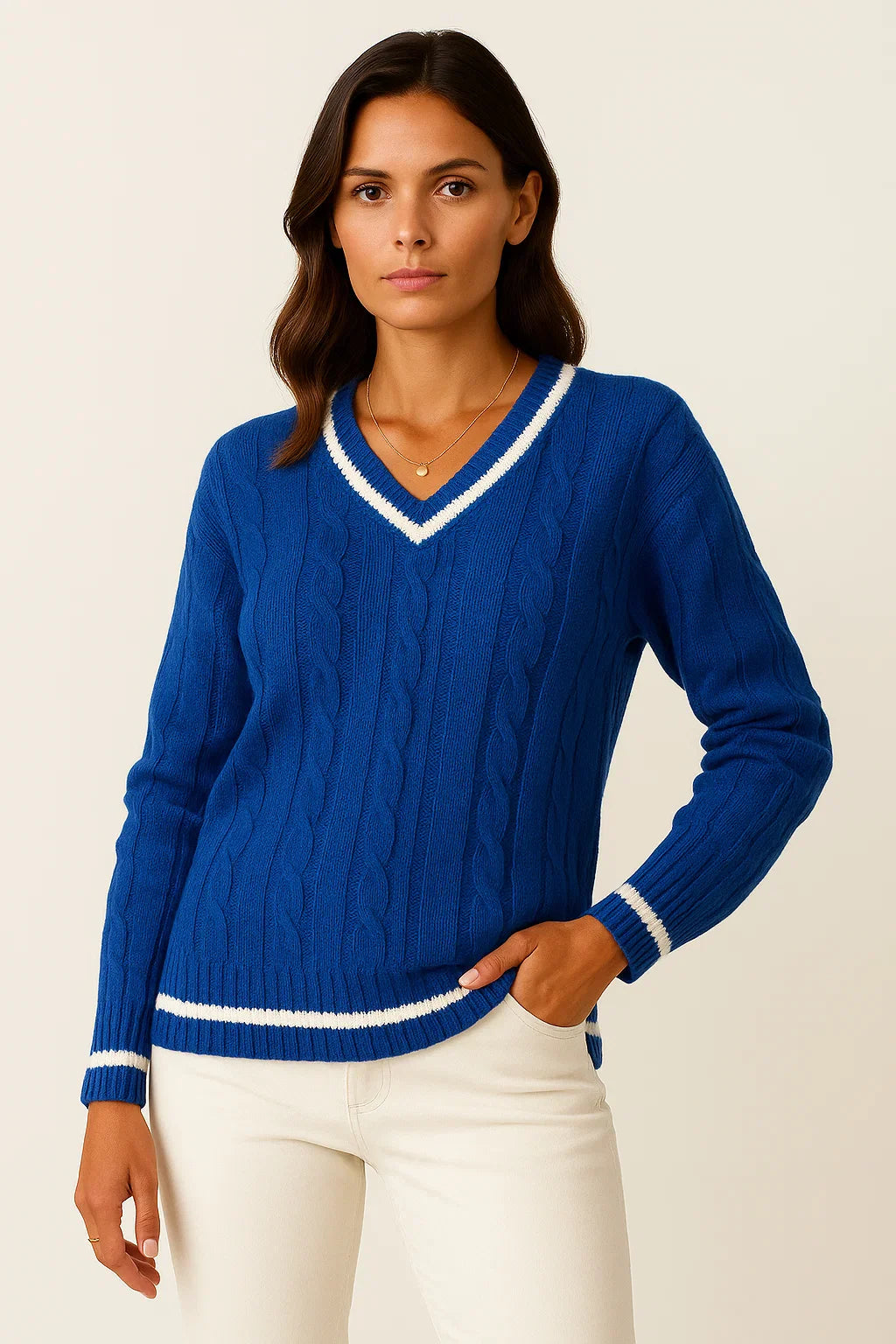 Women's Sweater Cable Knit Striped V-Neck Soft Blend Slim Fit