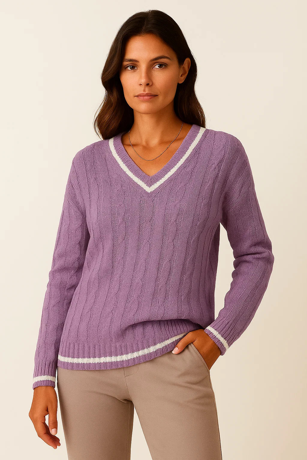 Women's Sweater Cable Knit Striped V-Neck Soft Blend Slim Fit