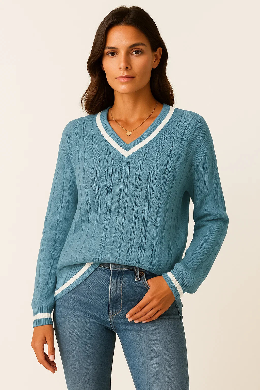 Women's Sweater Cable Knit Striped V-Neck Soft Blend Slim Fit