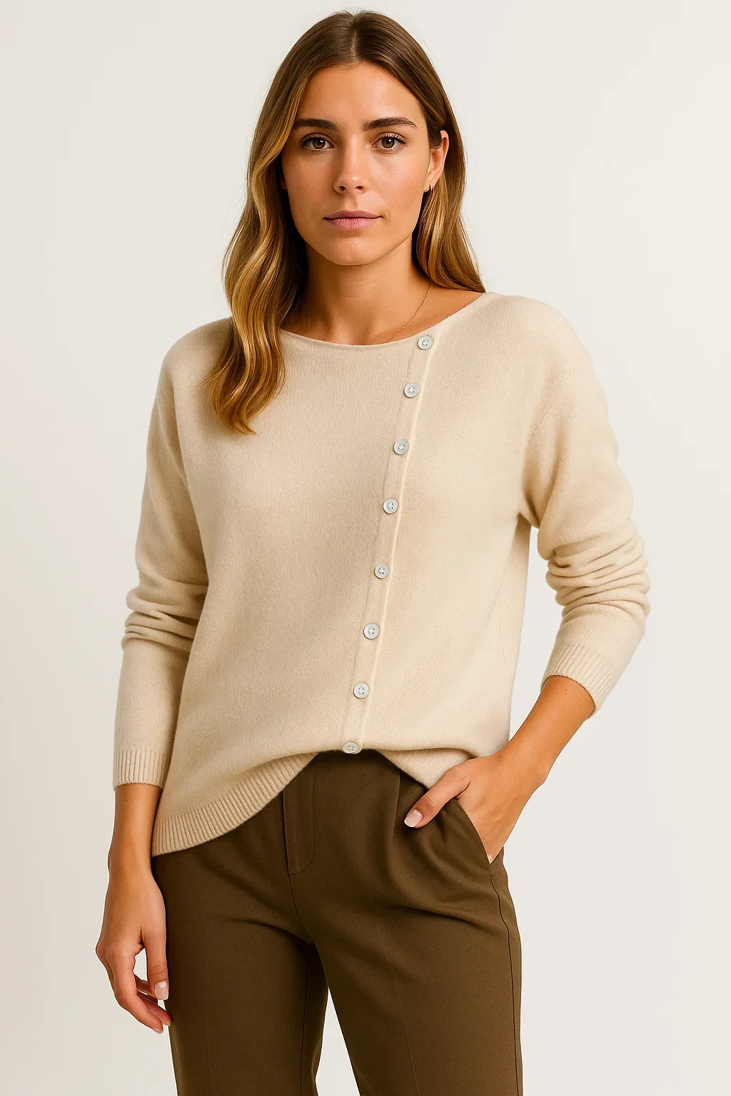 Women's Pullover Gray Cashmere Asymmetrical Button Detail Loose Fit Elegant Casual