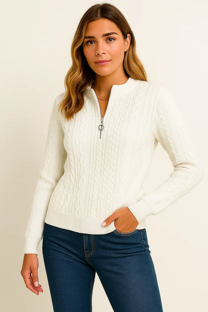 Women's Knitted Pullover Grey Half-Zip Comfortable Regular Fit Timeless Style