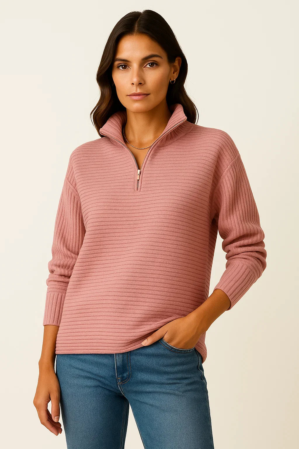 Women's Pullover V-Neck Half-Zip Black Viscose Elastane Elegant Casual