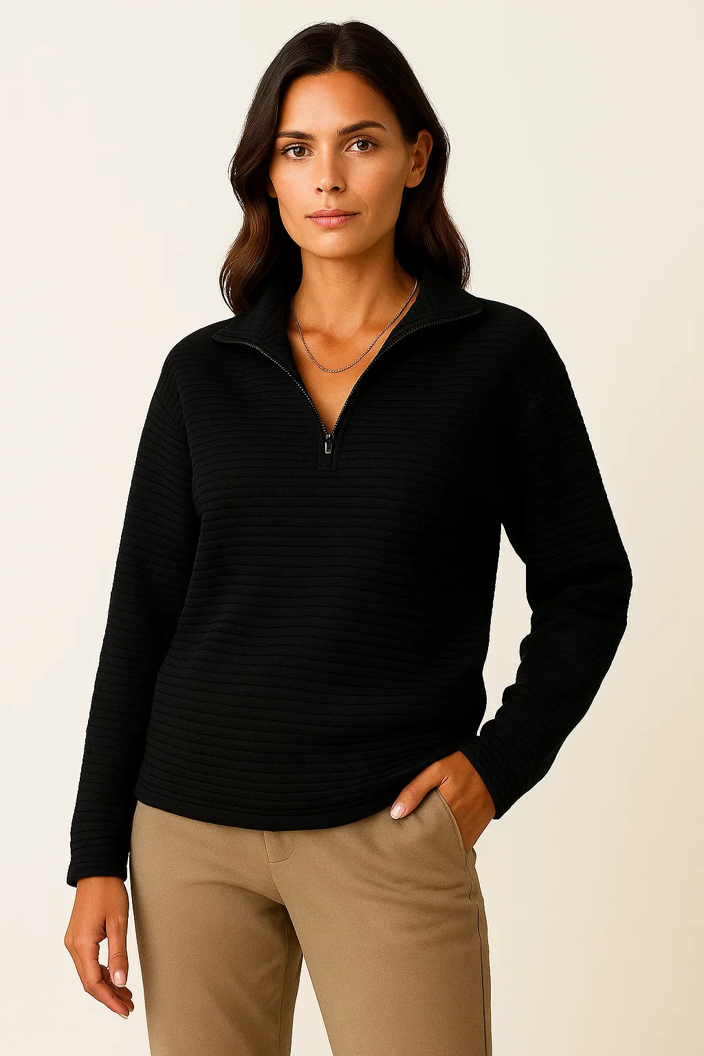 Women's Pullover V-Neck Half-Zip Black Viscose Elastane Elegant Casual