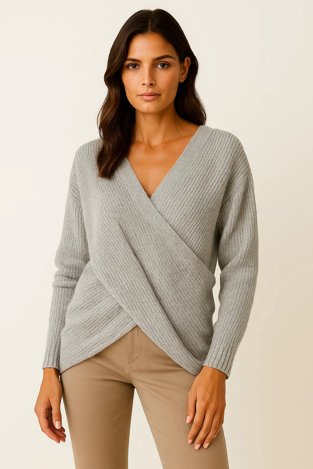 Women's Sweater Beige High Neck Cable Knit Soft Relaxed Fit for Autumn and Winter