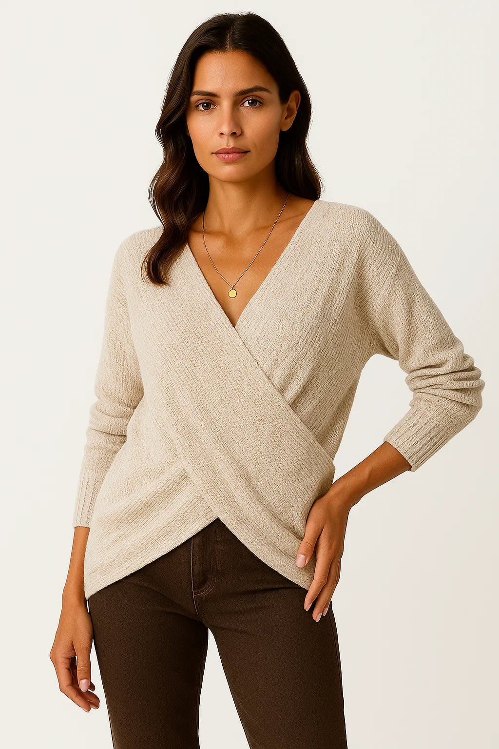 Women's Sweater Beige High Neck Cable Knit Soft Relaxed Fit for Autumn and Winter