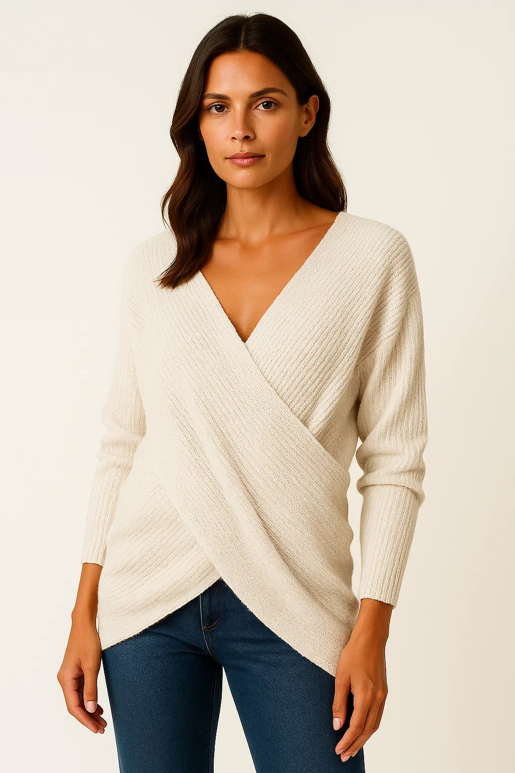 Women's Sweater Beige High Neck Cable Knit Soft Relaxed Fit for Autumn and Winter