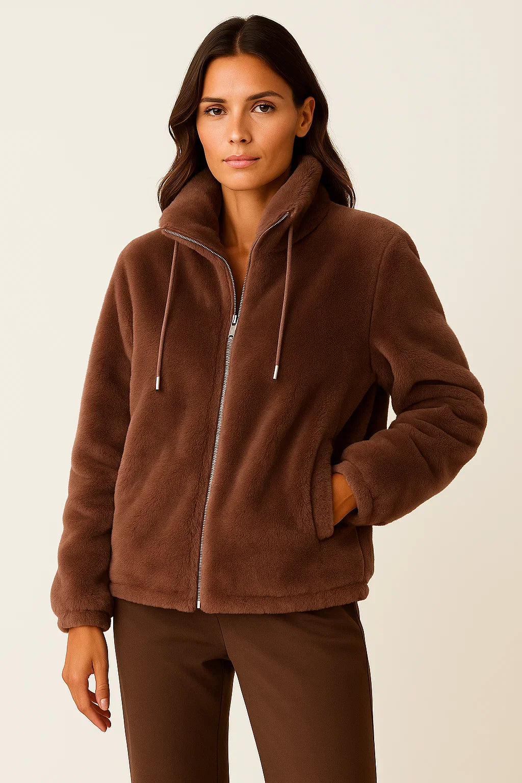 Winter Jacket Women Khaki Soft Teddy Material Casual Long Sleeves With Zipper