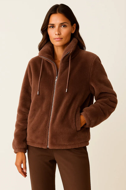 Winter Jacket Women Khaki Soft Teddy Material Casual Long Sleeves With Zipper