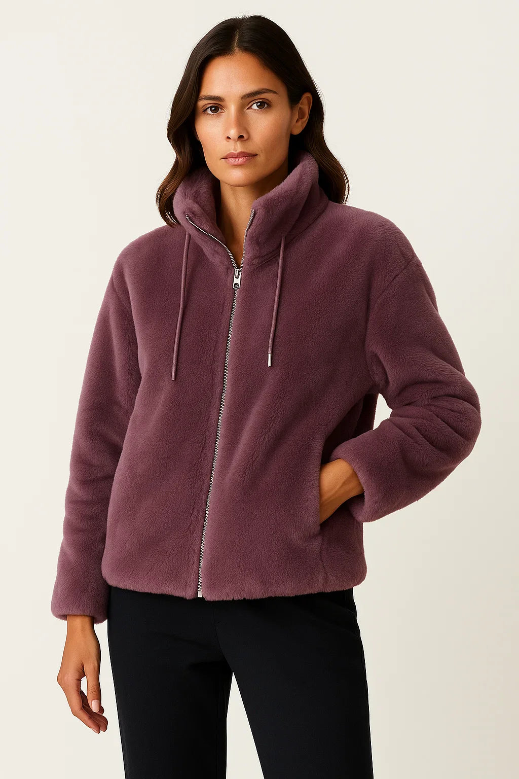 Winter Jacket Women Khaki Soft Teddy Material Casual Long Sleeves With Zipper
