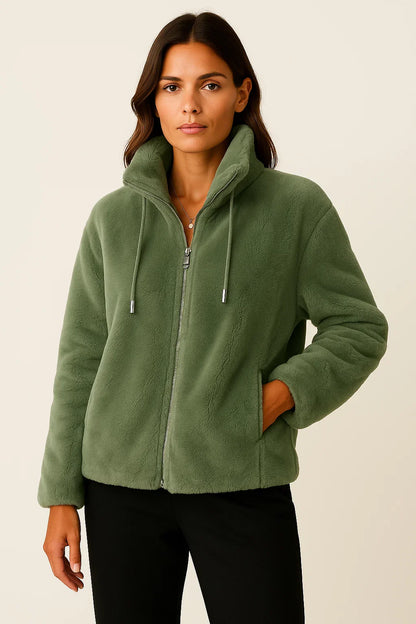 Winter Jacket Women Khaki Soft Teddy Material Casual Long Sleeves With Zipper