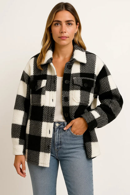 Women's Jacket Plaid Dark Blue Wool Elegant Casual