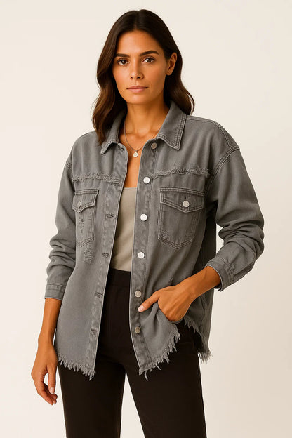 Women's Oversized Denim Jacket Casual Vintage Look with Chest Pockets