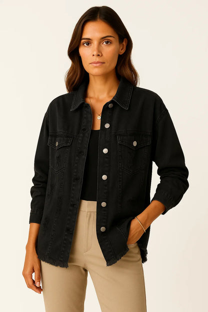 Women's Oversized Denim Jacket Casual Vintage Look with Chest Pockets