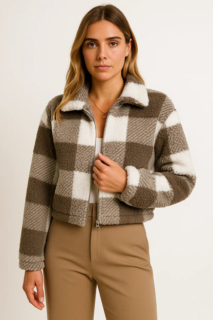 Women's Teddy Jacket Checkered Beige Soft Material Comfortable Zipper Long Sleeve Design