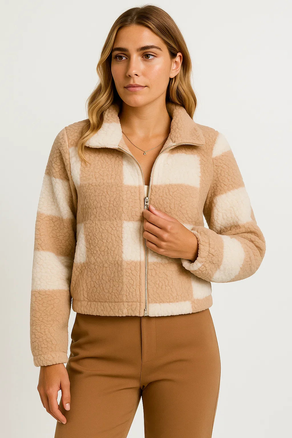 Women's Teddy Jacket Checkered Beige Soft Material Comfortable Zipper Long Sleeve Design