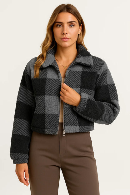 Women's Teddy Jacket Checkered Beige Soft Material Comfortable Zipper Long Sleeve Design