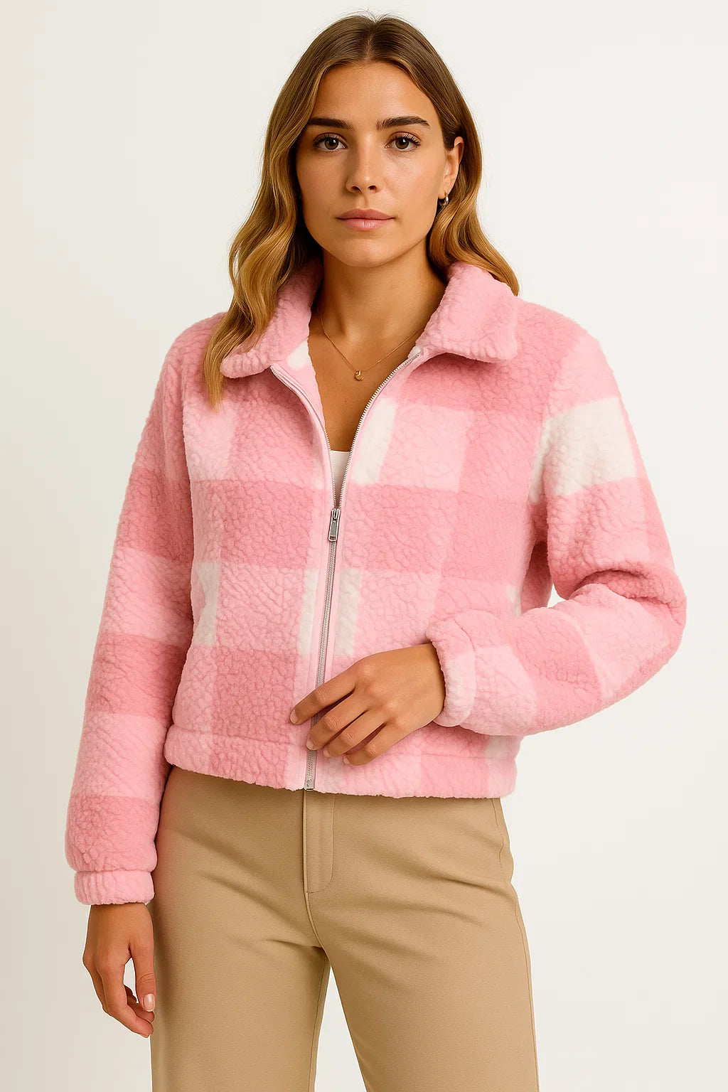 Women's Teddy Jacket Checkered Beige Soft Material Comfortable Zipper Long Sleeve Design