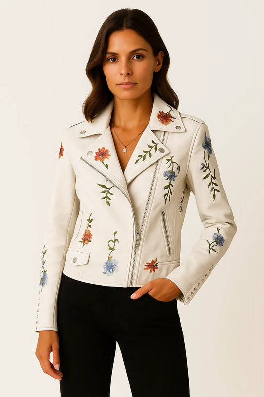 Women's Leather Jacket Black Faux Leather Form-fitting With Embroidered Details Elegant Cut