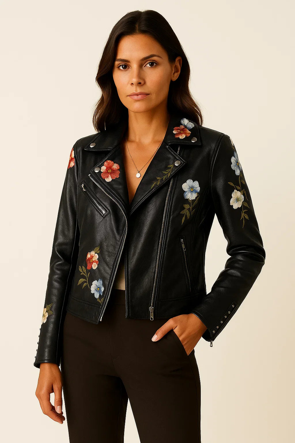 Women's Leather Jacket Black Faux Leather Form-fitting With Embroidered Details Elegant Cut
